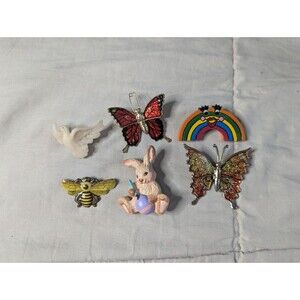 Lot Of 6 Vintage Pins Butterfly Rabbit Bee Dove Rainbow